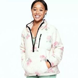 Victoria’s Secret Pink Teddy Half Zip Pullover Coconut White Pink Floral